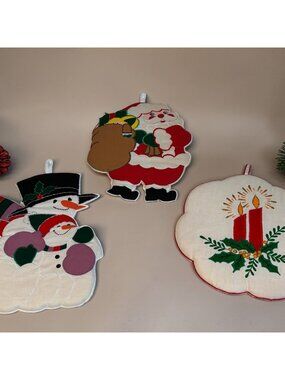 Vintage Snowman, Candle. Santa Christmas Fabric Trivet Set Of 3